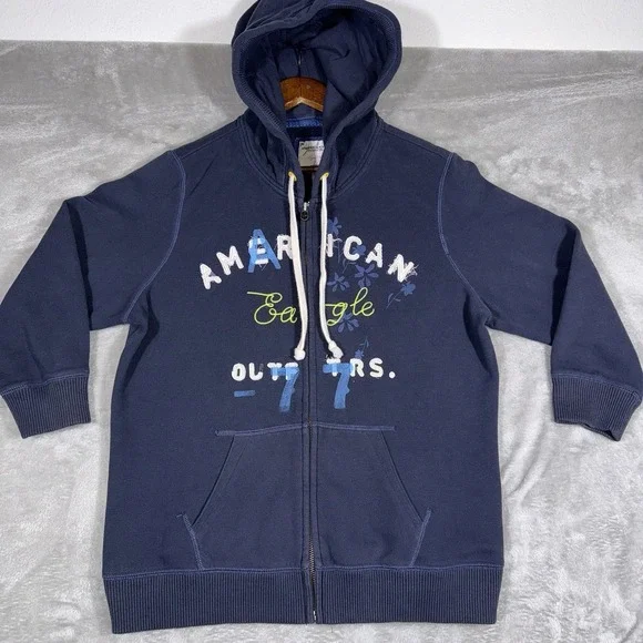 AMERICAN EAGLE Women's Full Zip Hoodie XL w/ 3/4 Length Sleeves Retro Preppy - Picture 2 of 8